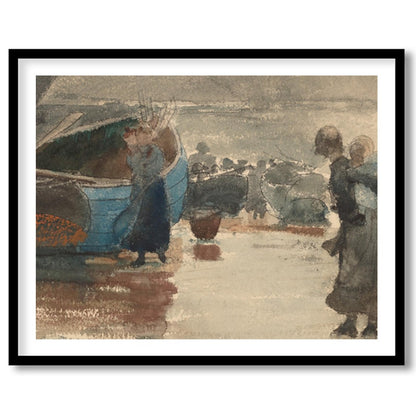 Immerse yourself in the tranquil beauty of this evocative seaside scene, where figures gather along for place