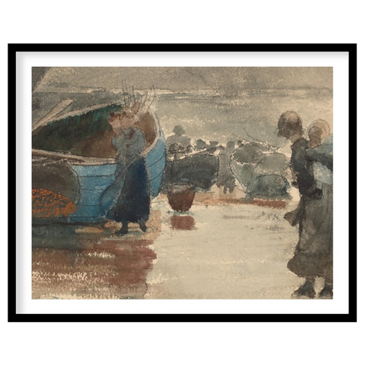 Immerse yourself in the tranquil beauty of this evocative seaside scene, where figures gather along for place