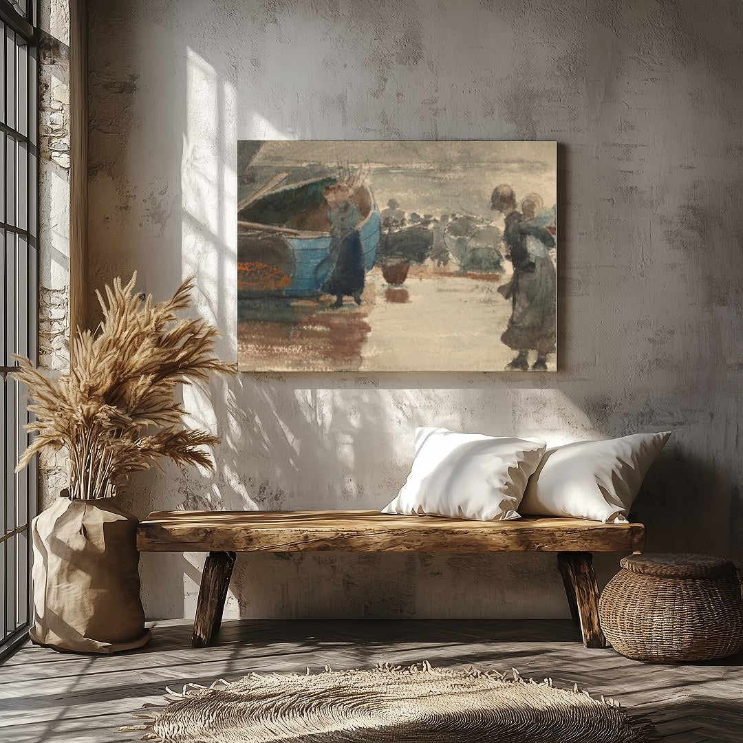 Immerse yourself in the tranquil beauty of this evocative seaside scene, where figures gather along for Veranda