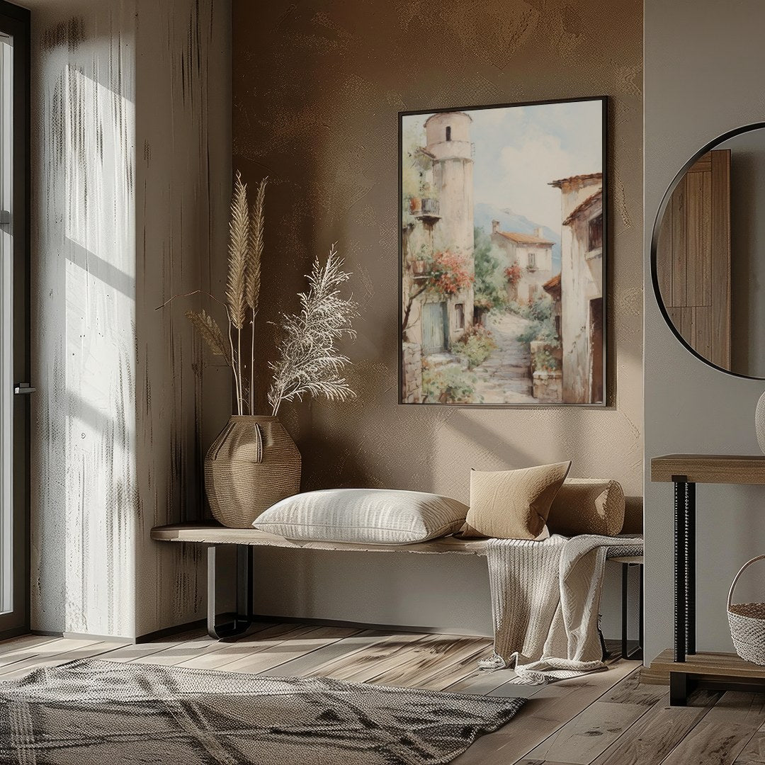 Immerse yourself in the serene charm of a rustic Tuscan village with this exquisite artwork. The for abode
