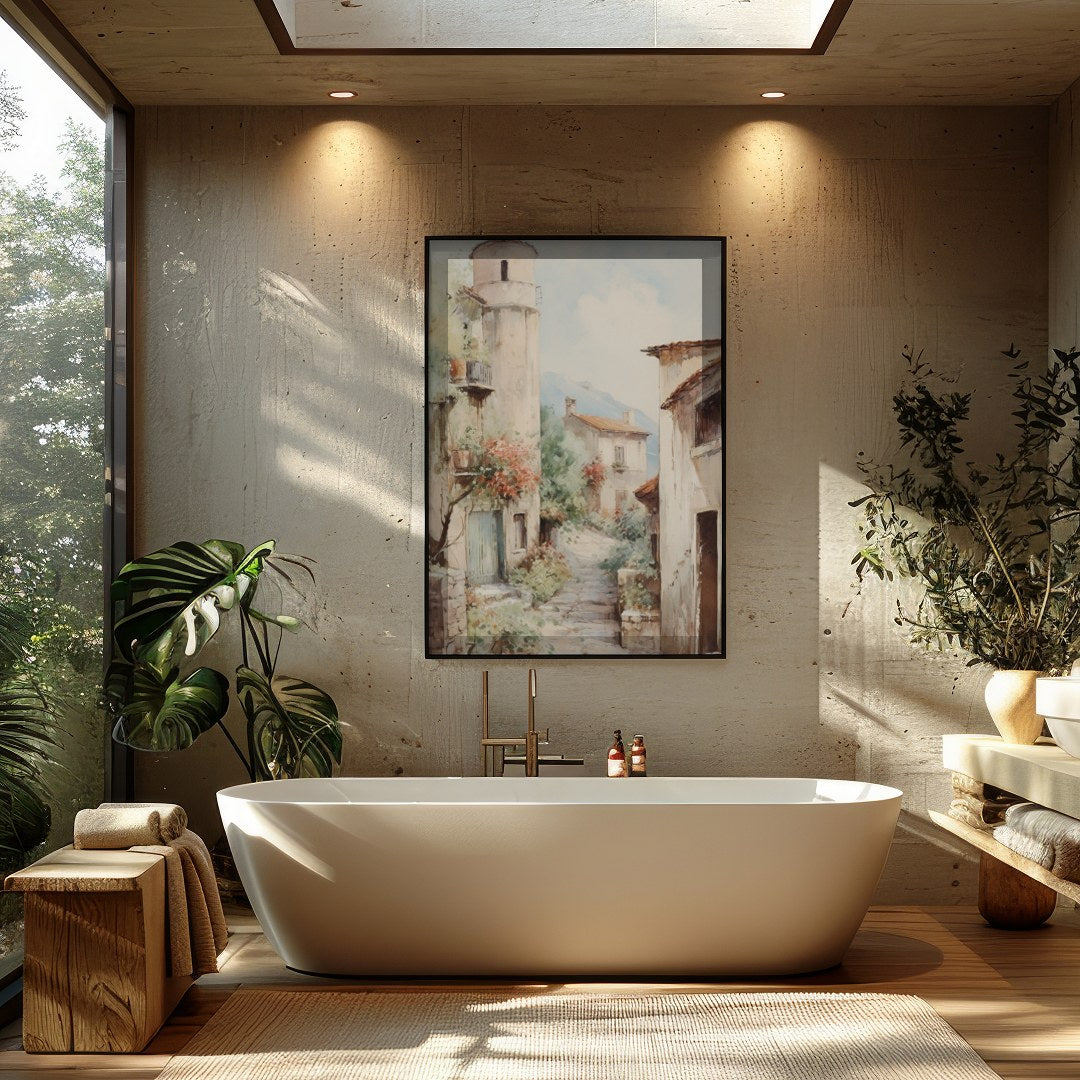 Immerse yourself in the serene charm of a rustic Tuscan village with this exquisite artwork. The for Bathroom