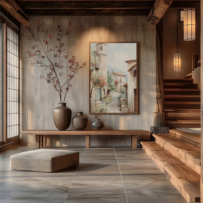 Immerse yourself in the serene charm of a rustic Tuscan village with this exquisite artwork. The for Hall