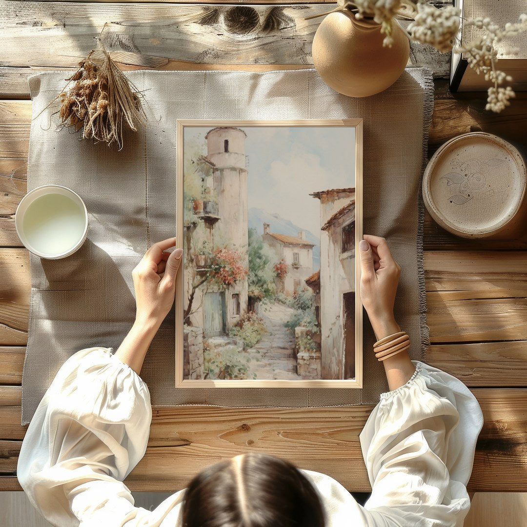 Immerse yourself in the serene charm of a rustic Tuscan village with this exquisite artwork. The for Kitchen