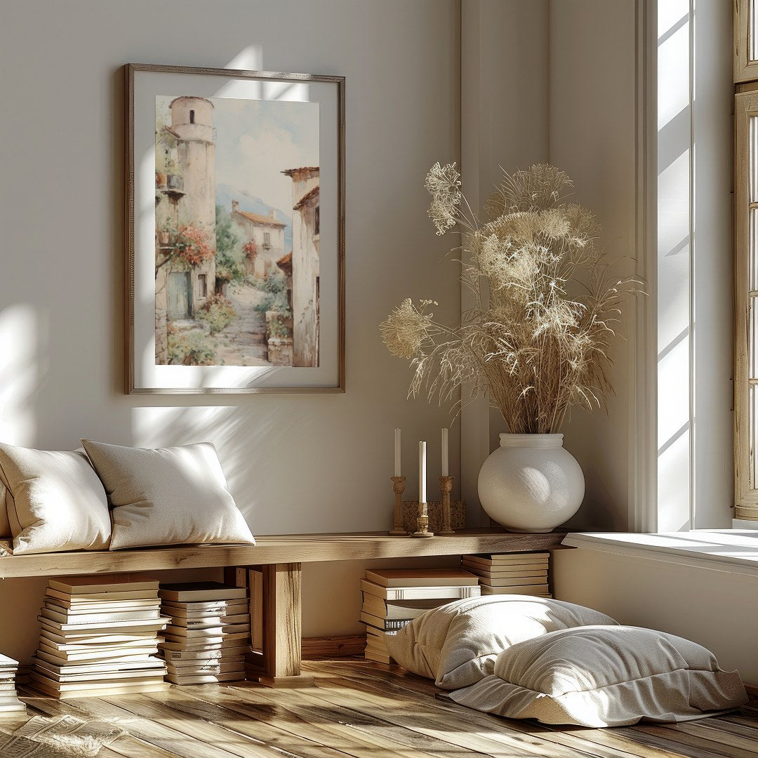 Immerse yourself in the serene charm of a rustic Tuscan village with this exquisite artwork. The for space