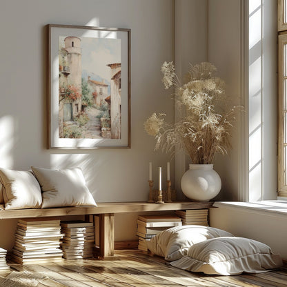 Immerse yourself in the serene charm of a rustic Tuscan village with this exquisite artwork. The for space