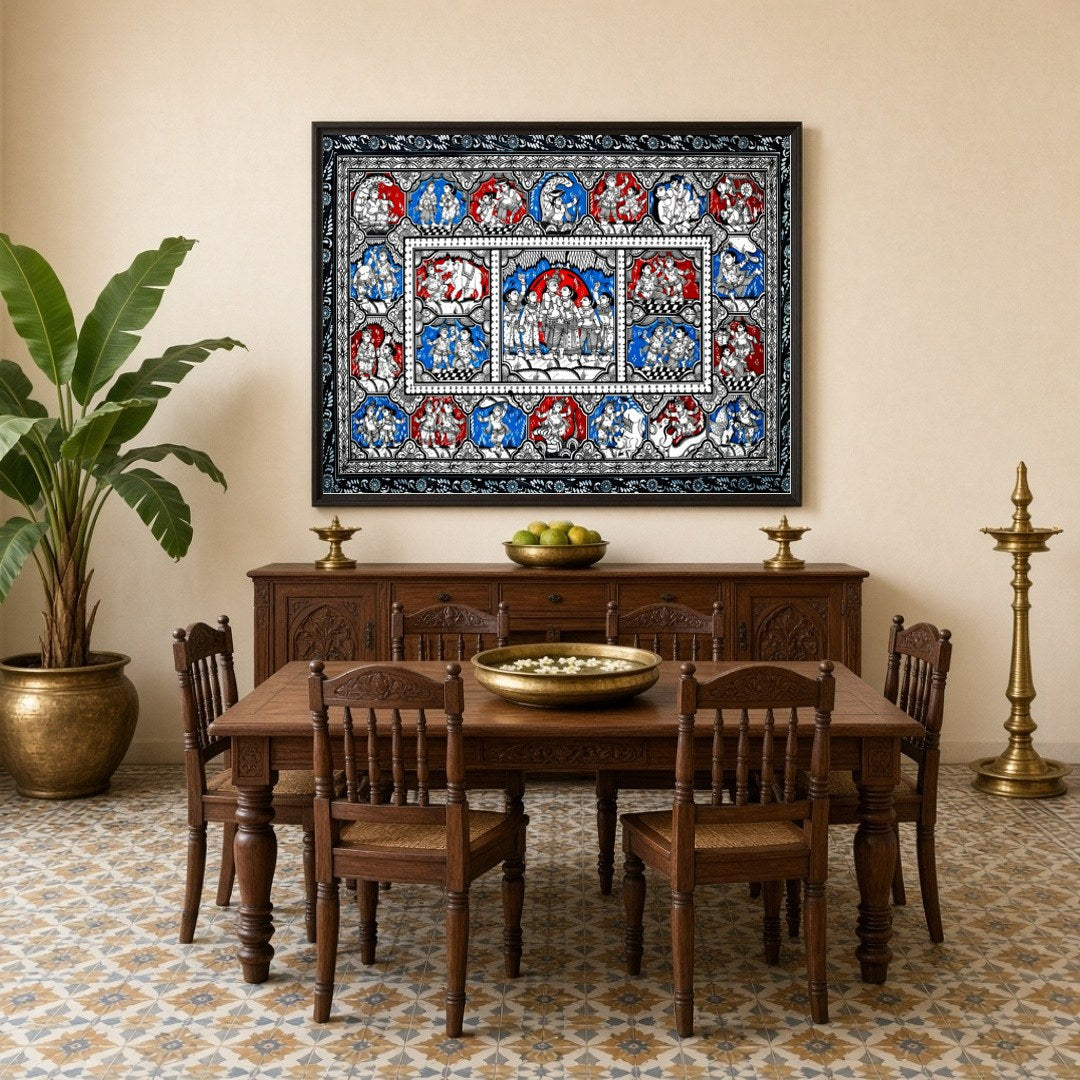 Immerse yourself in the divine dance of love with this exquisite Pattachitra artwork depicting for Dining