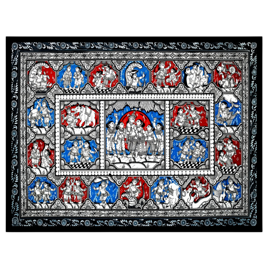 Immerse yourself in the divine dance of love with this exquisite Pattachitra artwork depicting for hallway