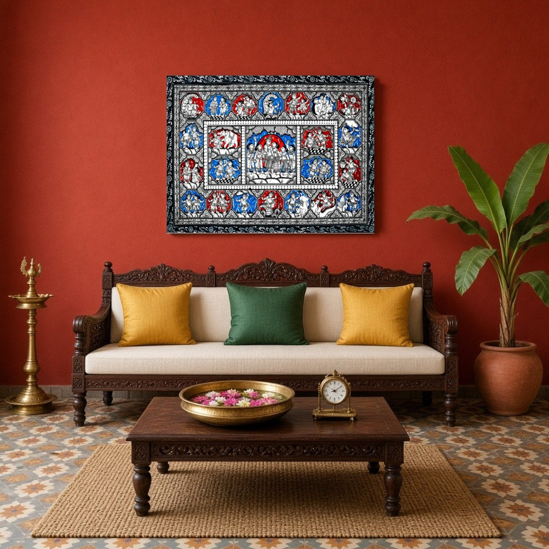 Immerse yourself in the divine dance of love with this exquisite Pattachitra artwork depicting for Living Room