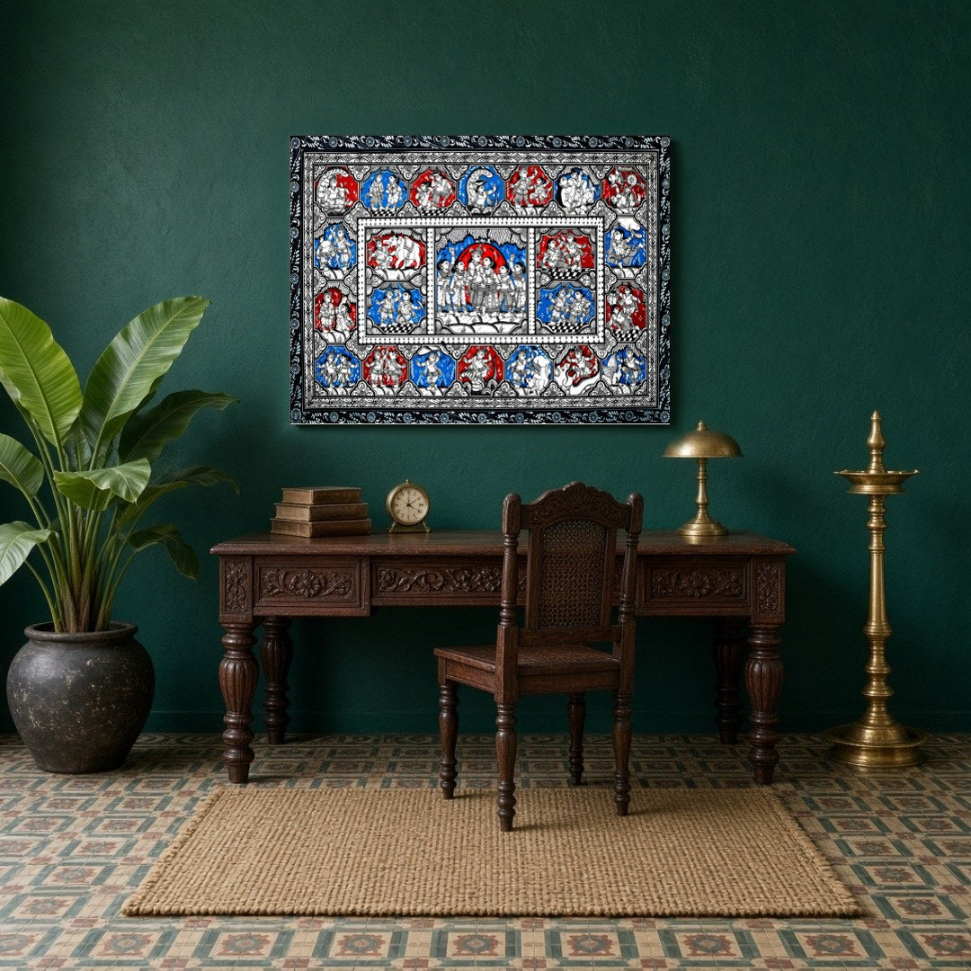 Immerse yourself in the divine dance of love with this exquisite Pattachitra artwork depicting for Study