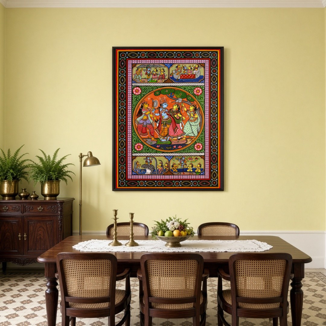Experience the divine dance of Radha and Krishna captured in this exquisite Pattachitra artwork. for Dining