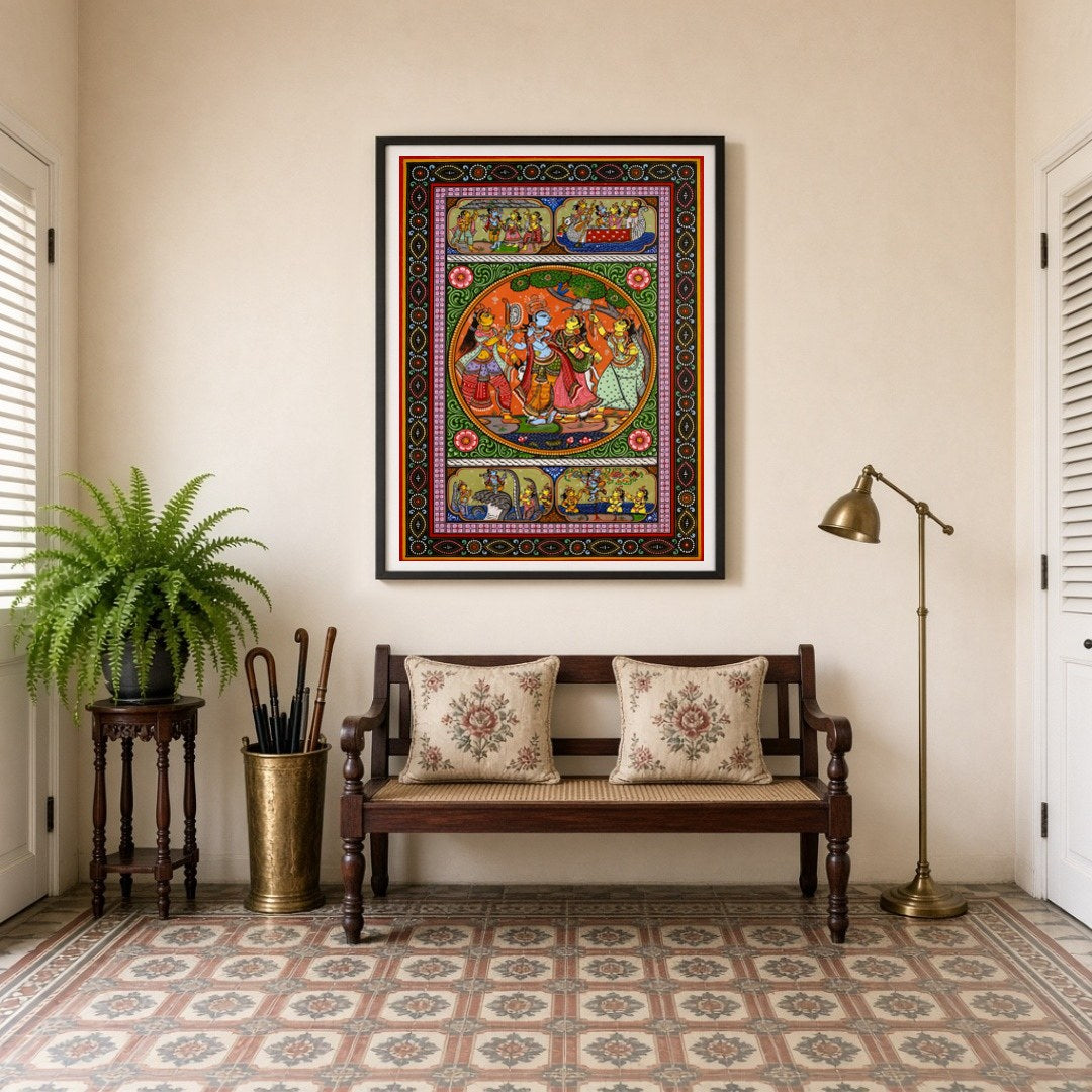 Experience the divine dance of Radha and Krishna captured in this exquisite Pattachitra artwork. for Entrance