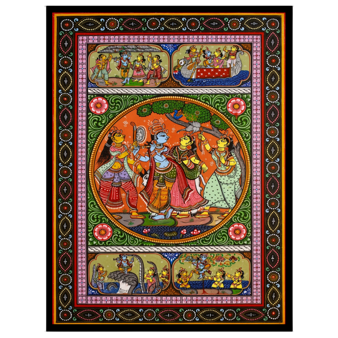 Experience the divine dance of Radha and Krishna captured in this exquisite Pattachitra artwork. for haven