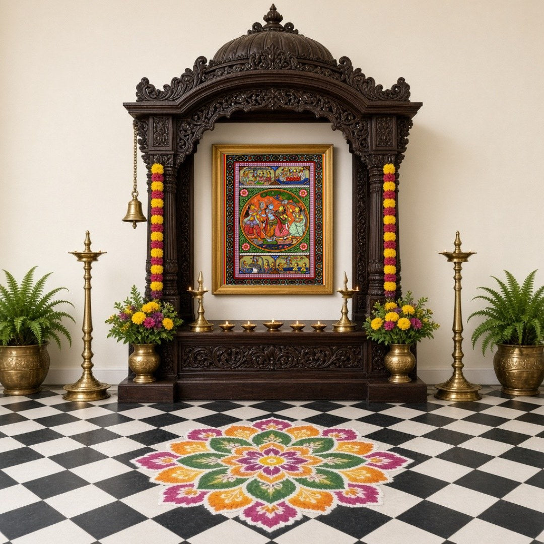 Experience the divine dance of Radha and Krishna captured in this exquisite Pattachitra artwork. for Home Temple