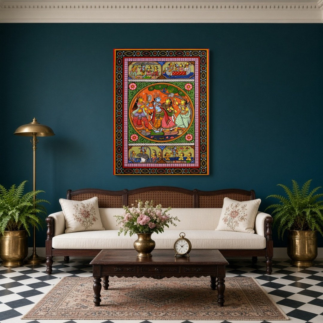 Experience the divine dance of Radha and Krishna captured in this exquisite Pattachitra artwork. for Living Room