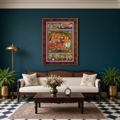 Experience the divine dance of Radha and Krishna captured in this exquisite Pattachitra artwork. for Living Room