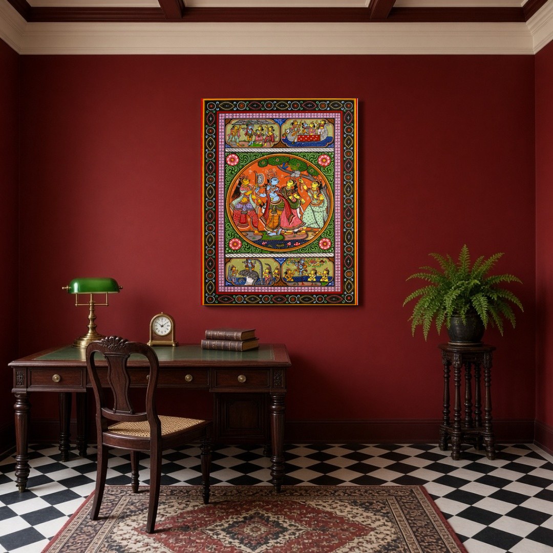 Experience the divine dance of Radha and Krishna captured in this exquisite Pattachitra artwork. for Study
