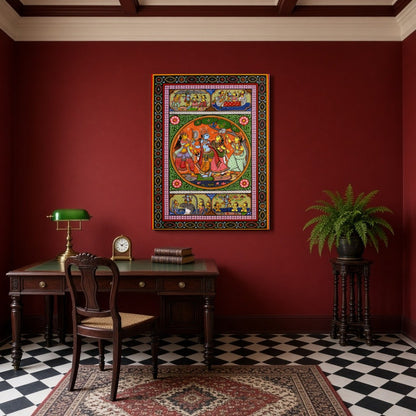 Experience the divine dance of Radha and Krishna captured in this exquisite Pattachitra artwork. for Study