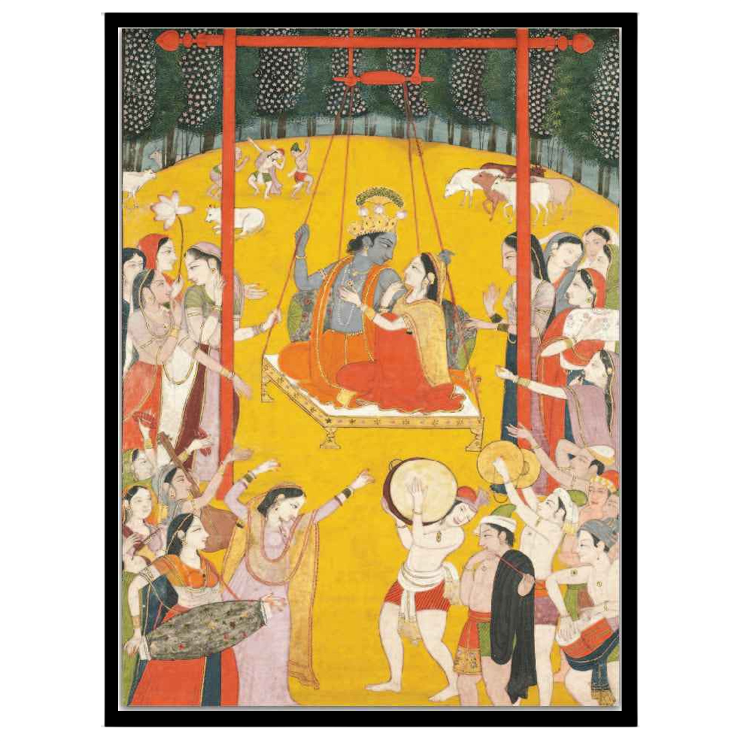 Immerse yourself in the ethereal charm of Radha and Krishna as they share a divine swing amidst a for abode