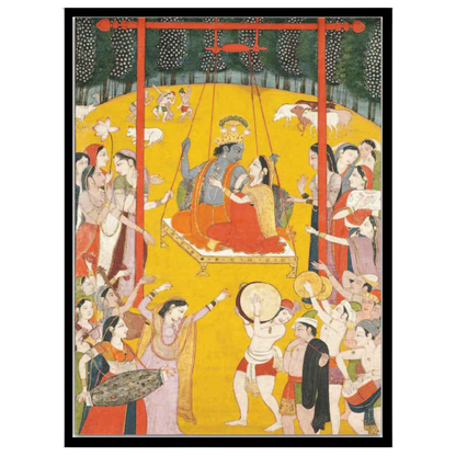 Immerse yourself in the ethereal charm of Radha and Krishna as they share a divine swing amidst a for abode