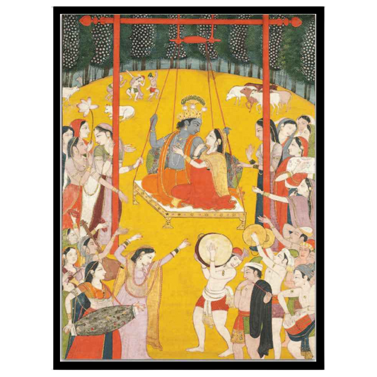 Immerse yourself in the ethereal charm of Radha and Krishna as they share a divine swing amidst a for abode