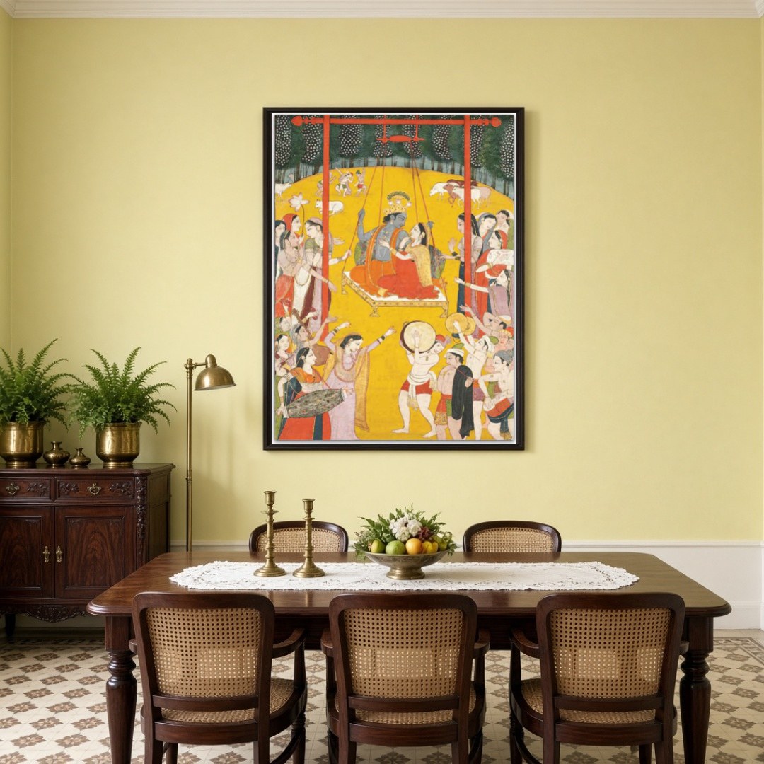Immerse yourself in the ethereal charm of Radha and Krishna as they share a divine swing amidst a for Dining