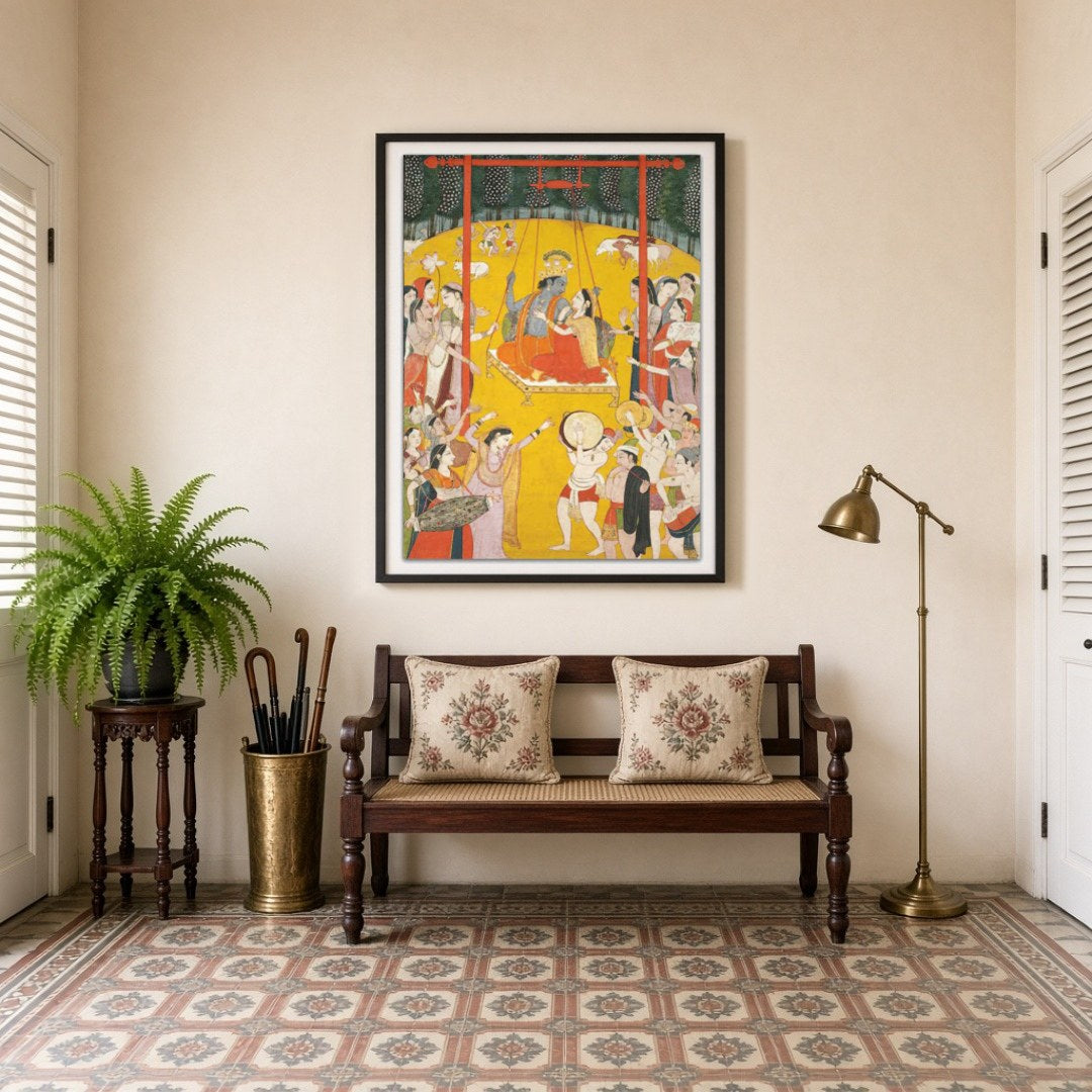 Immerse yourself in the ethereal charm of Radha and Krishna as they share a divine swing amidst a for Entrance