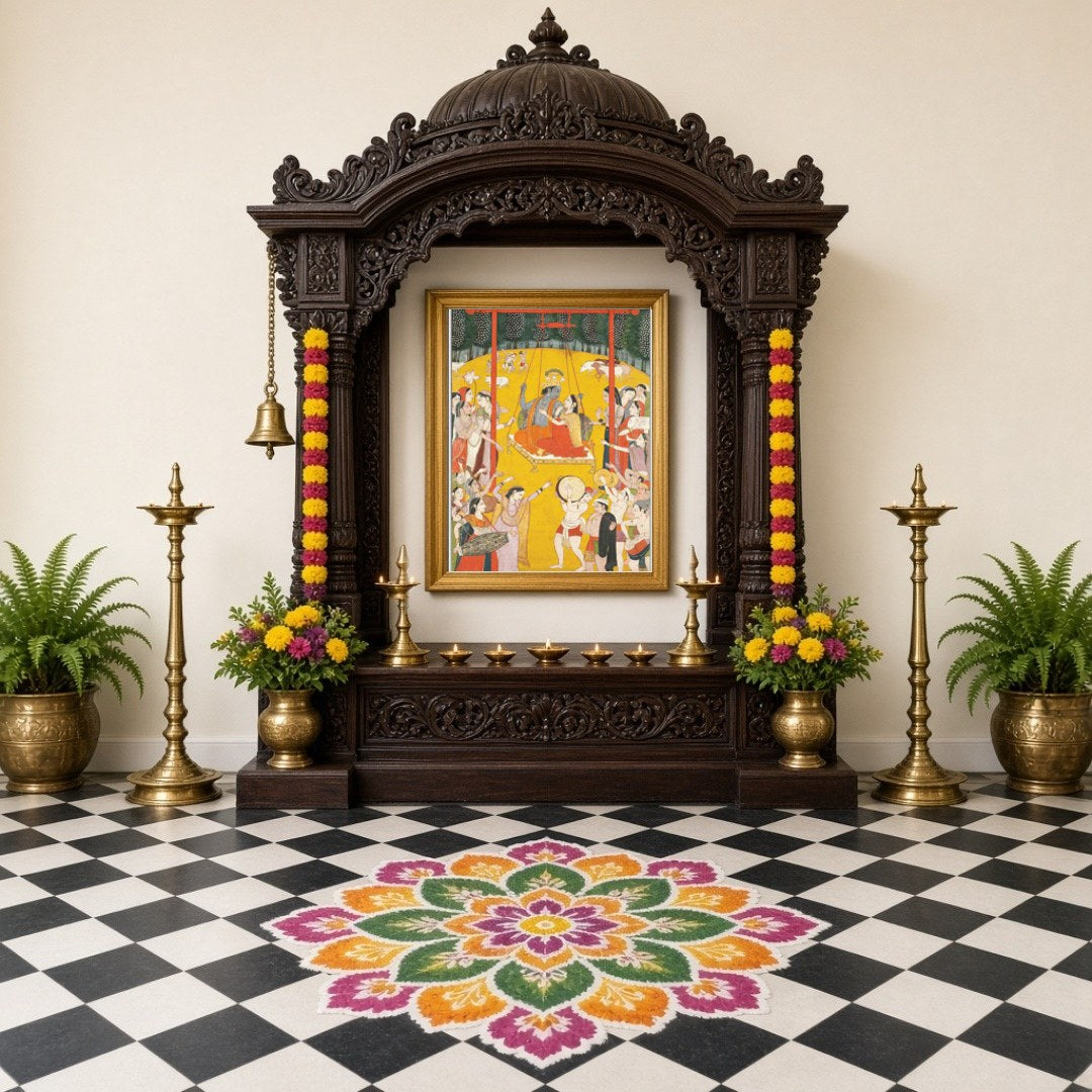 Immerse yourself in the ethereal charm of Radha and Krishna as they share a divine swing amidst a for Home Temple