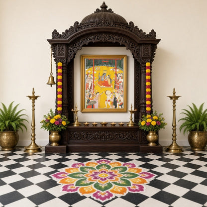 Immerse yourself in the ethereal charm of Radha and Krishna as they share a divine swing amidst a for Home Temple