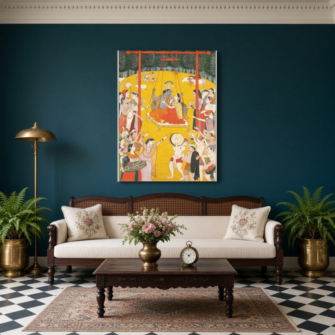 Immerse yourself in the ethereal charm of Radha and Krishna as they share a divine swing amidst a for Living Room