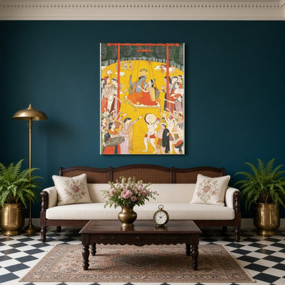 Immerse yourself in the ethereal charm of Radha and Krishna as they share a divine swing amidst a for Living Room
