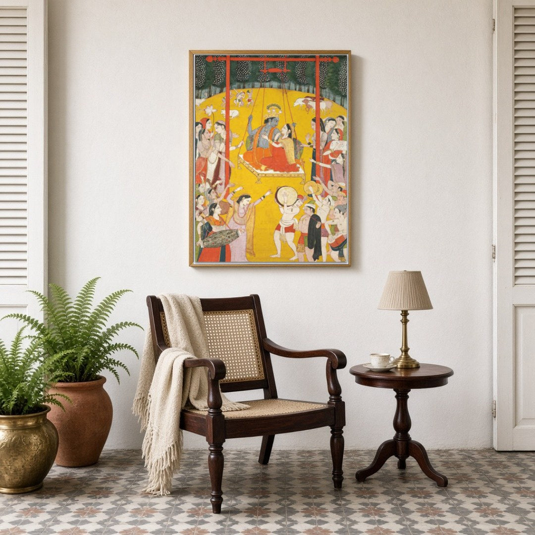 Immerse yourself in the ethereal charm of Radha and Krishna as they share a divine swing amidst a for Sitting Lounge