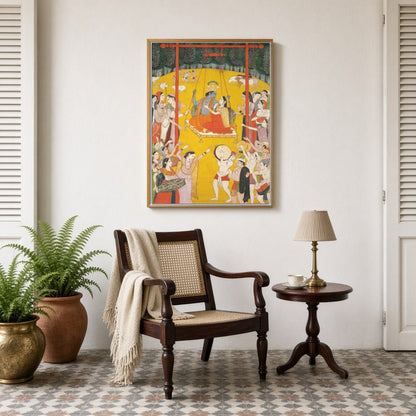 Immerse yourself in the ethereal charm of Radha and Krishna as they share a divine swing amidst a for Sitting Lounge