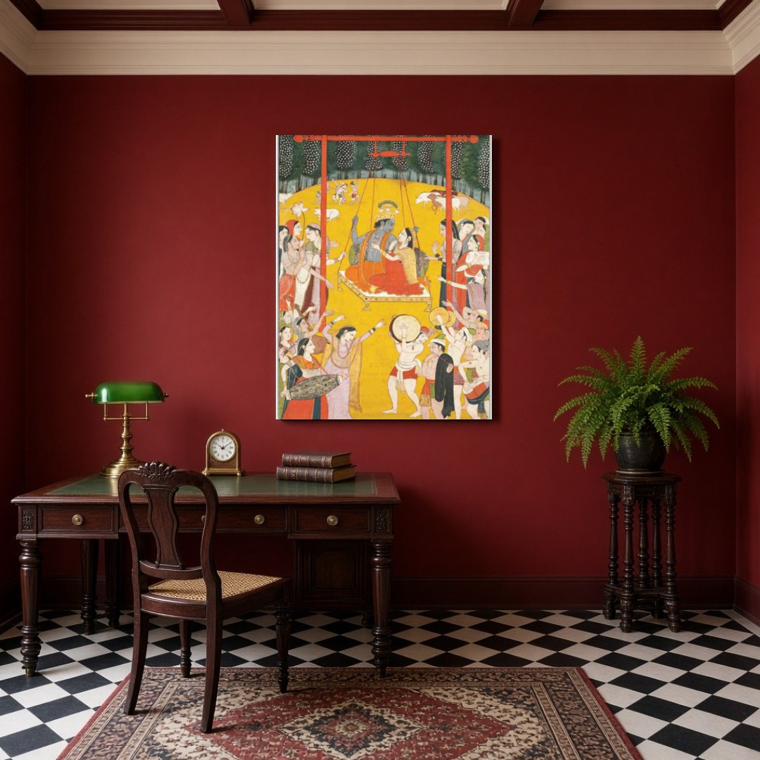 Immerse yourself in the ethereal charm of Radha and Krishna as they share a divine swing amidst a for Study