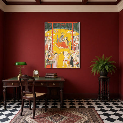 Immerse yourself in the ethereal charm of Radha and Krishna as they share a divine swing amidst a for Study