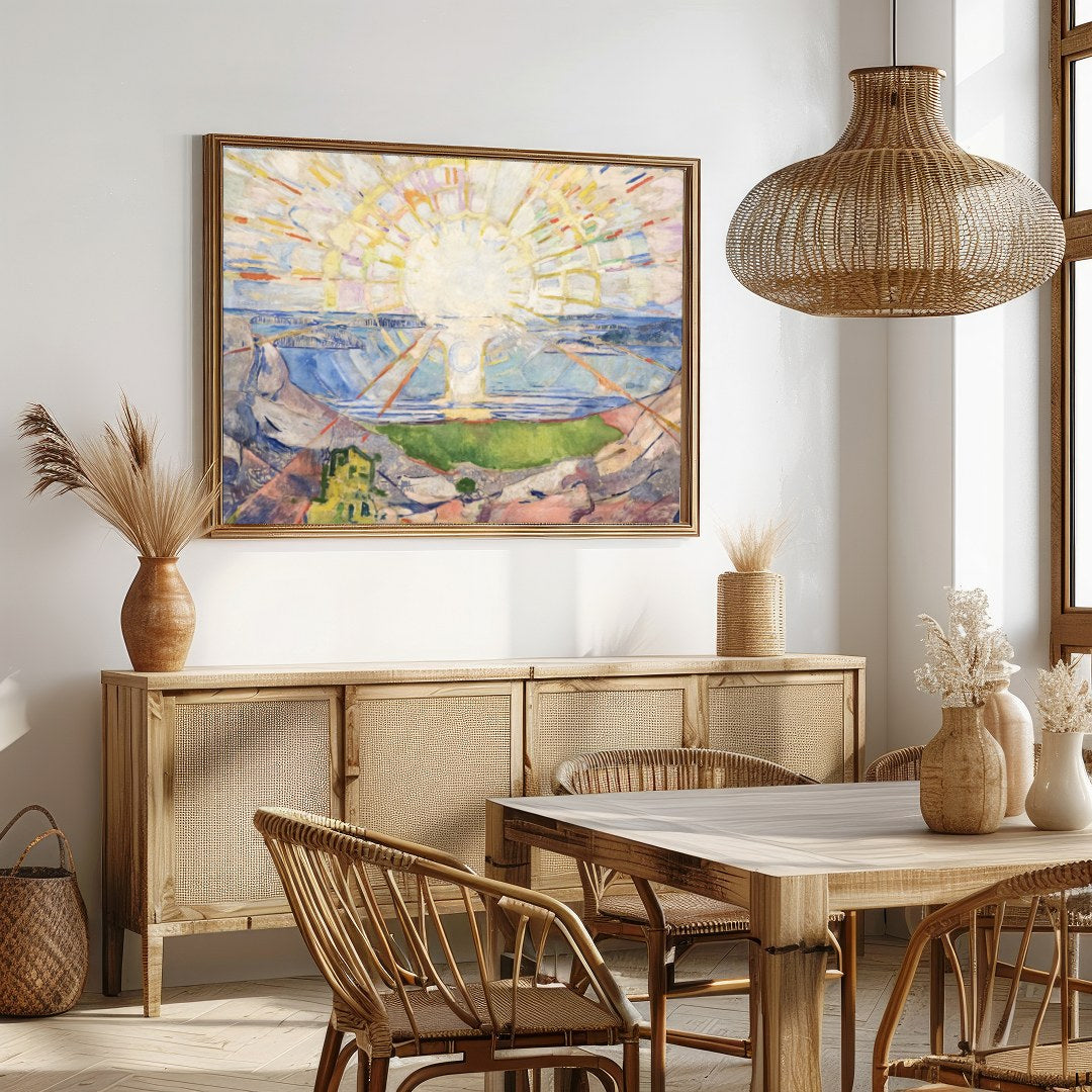 This stunning artwork captures the essence of natural beauty with a radiant sun casting its light for Dining