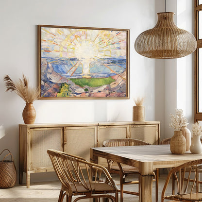 This stunning artwork captures the essence of natural beauty with a radiant sun casting its light for Dining