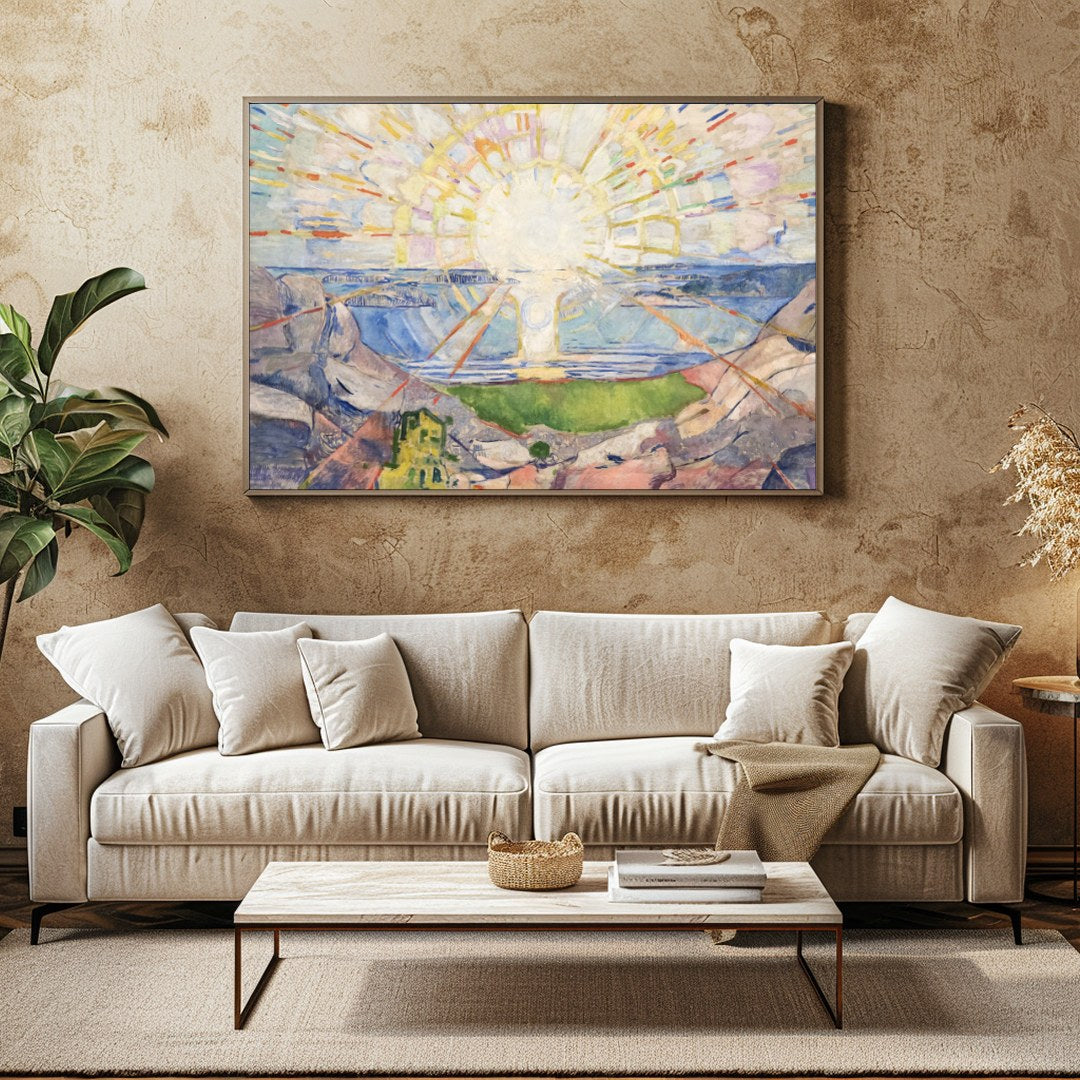 This stunning artwork captures the essence of natural beauty with a radiant sun casting its light for Family Room