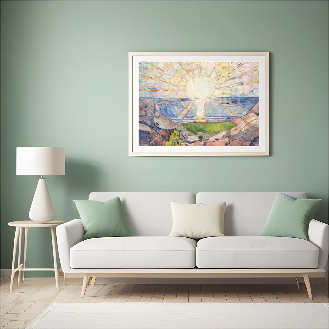 This stunning artwork captures the essence of natural beauty with a radiant sun casting its light for Hall