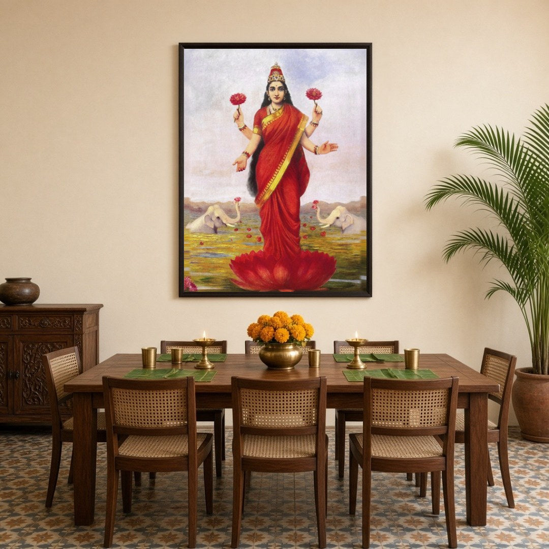 Immerse in the divine elegance of Goddess Lakshmi as she graces a lotus amidst a serene pond. Clad for Dining