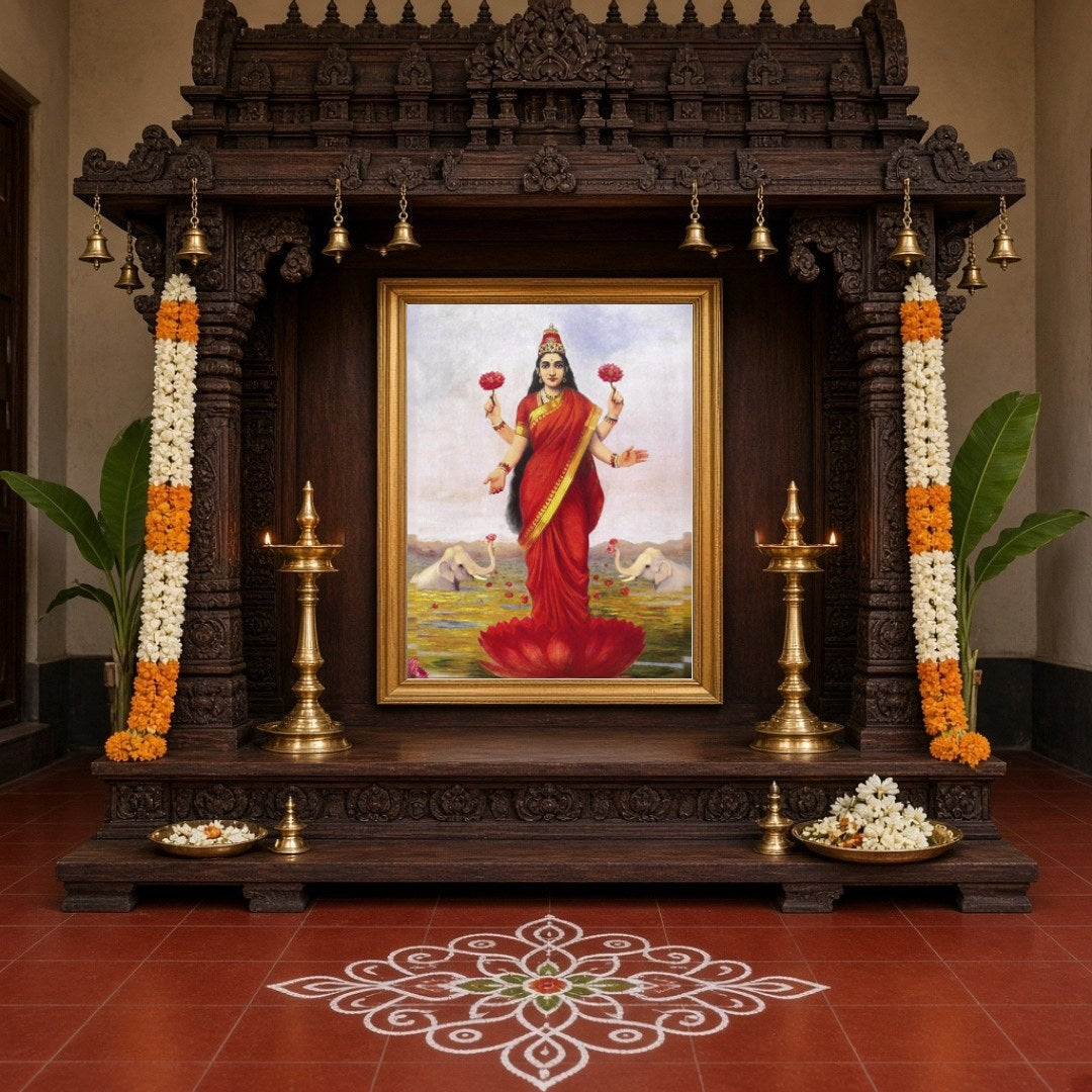 Immerse in the divine elegance of Goddess Lakshmi as she graces a lotus amidst a serene pond. Clad for Home Temple