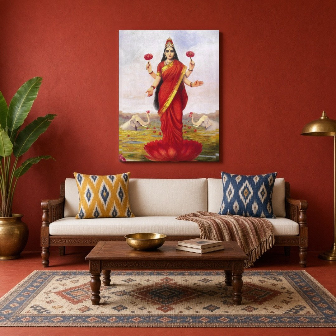 Immerse in the divine elegance of Goddess Lakshmi as she graces a lotus amidst a serene pond. Clad for Living Room
