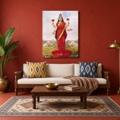 Immerse in the divine elegance of Goddess Lakshmi as she graces a lotus amidst a serene pond. Clad for Living Room