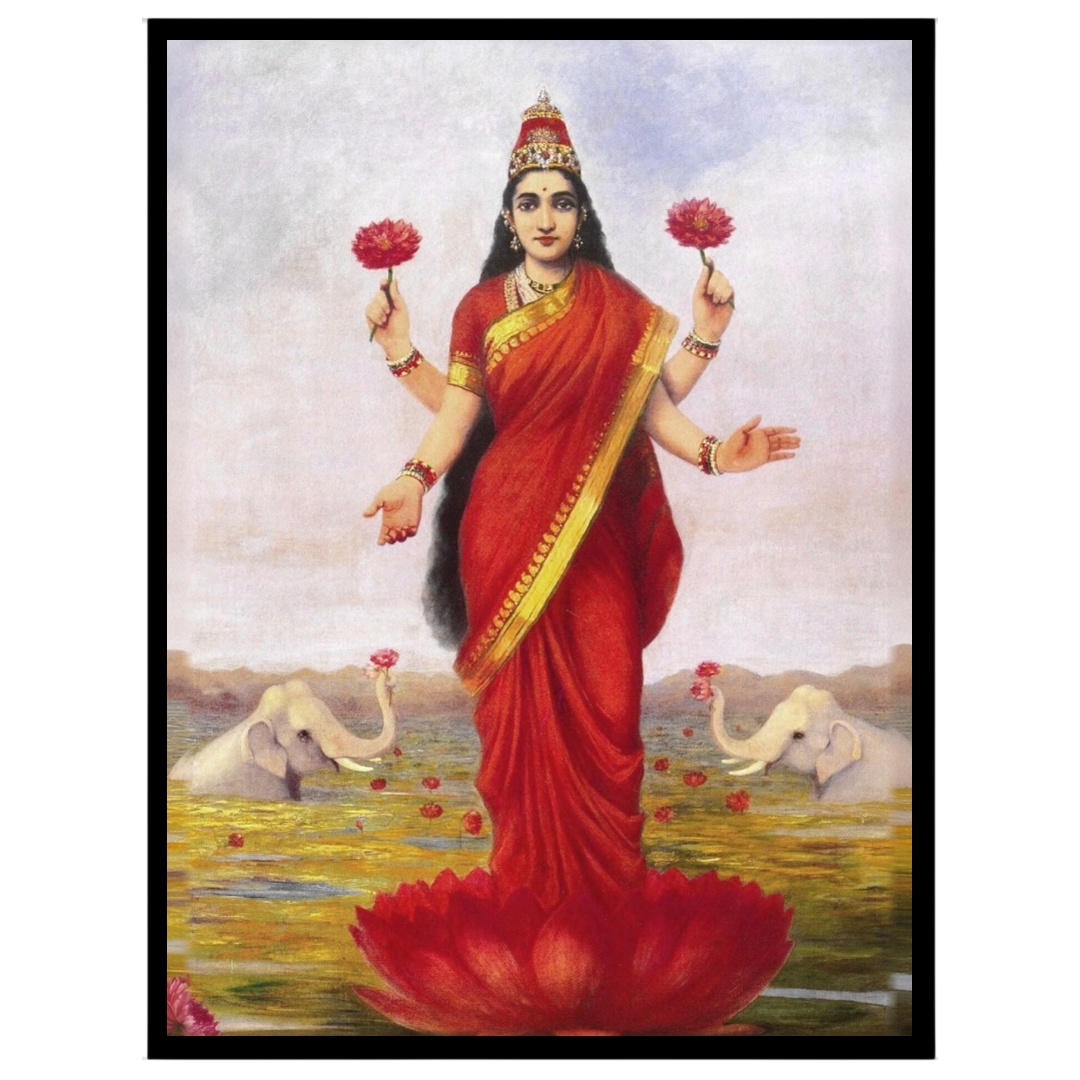 Immerse in the divine elegance of Goddess Lakshmi as she graces a lotus amidst a serene pond. Clad for loft