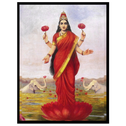 Immerse in the divine elegance of Goddess Lakshmi as she graces a lotus amidst a serene pond. Clad for loft