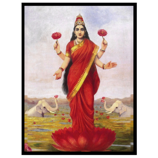Immerse in the divine elegance of Goddess Lakshmi as she graces a lotus amidst a serene pond. Clad for loft
