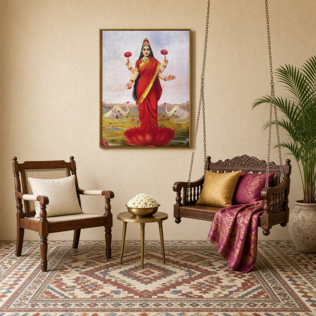 Immerse in the divine elegance of Goddess Lakshmi as she graces a lotus amidst a serene pond. Clad for Sitting Lounge