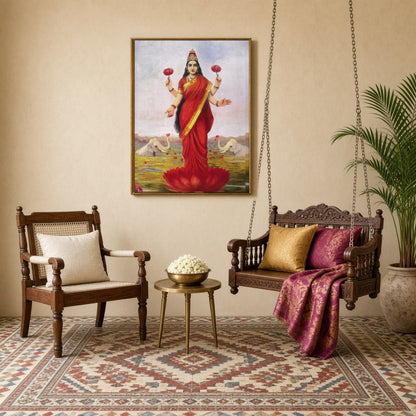 Immerse in the divine elegance of Goddess Lakshmi as she graces a lotus amidst a serene pond. Clad for Sitting Lounge