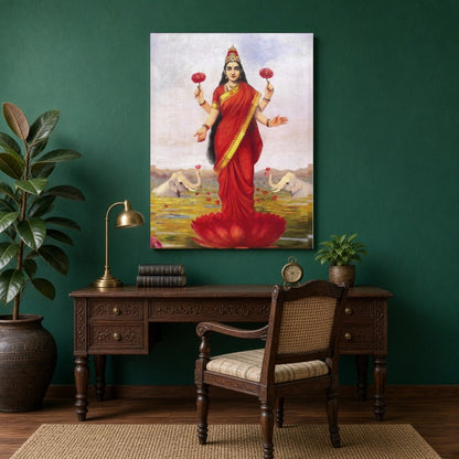 Immerse in the divine elegance of Goddess Lakshmi as she graces a lotus amidst a serene pond. Clad for Study
