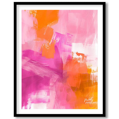 This abstract digital painting bursts with vibrant energy, featuring bold strokes of pink, orange, … for area