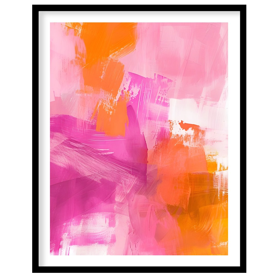 This abstract digital painting bursts with vibrant energy, featuring bold strokes of pink, orange, … for area